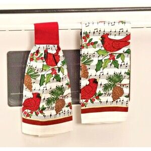 Cardinal Holiday Hanging Kitchen Towel Set Music Notes Holly Berries Kitchen NEW